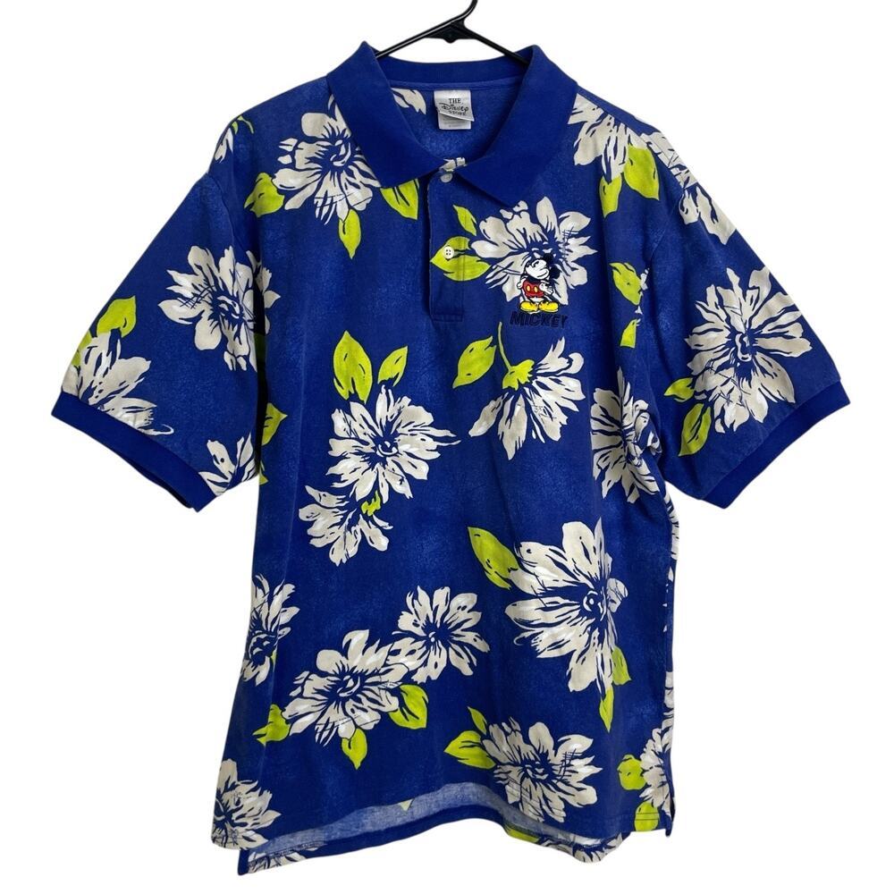 Vtg Disney Store Hawaiian Polo Shirt Large Blue Floral Embroidered Mickey Mouse